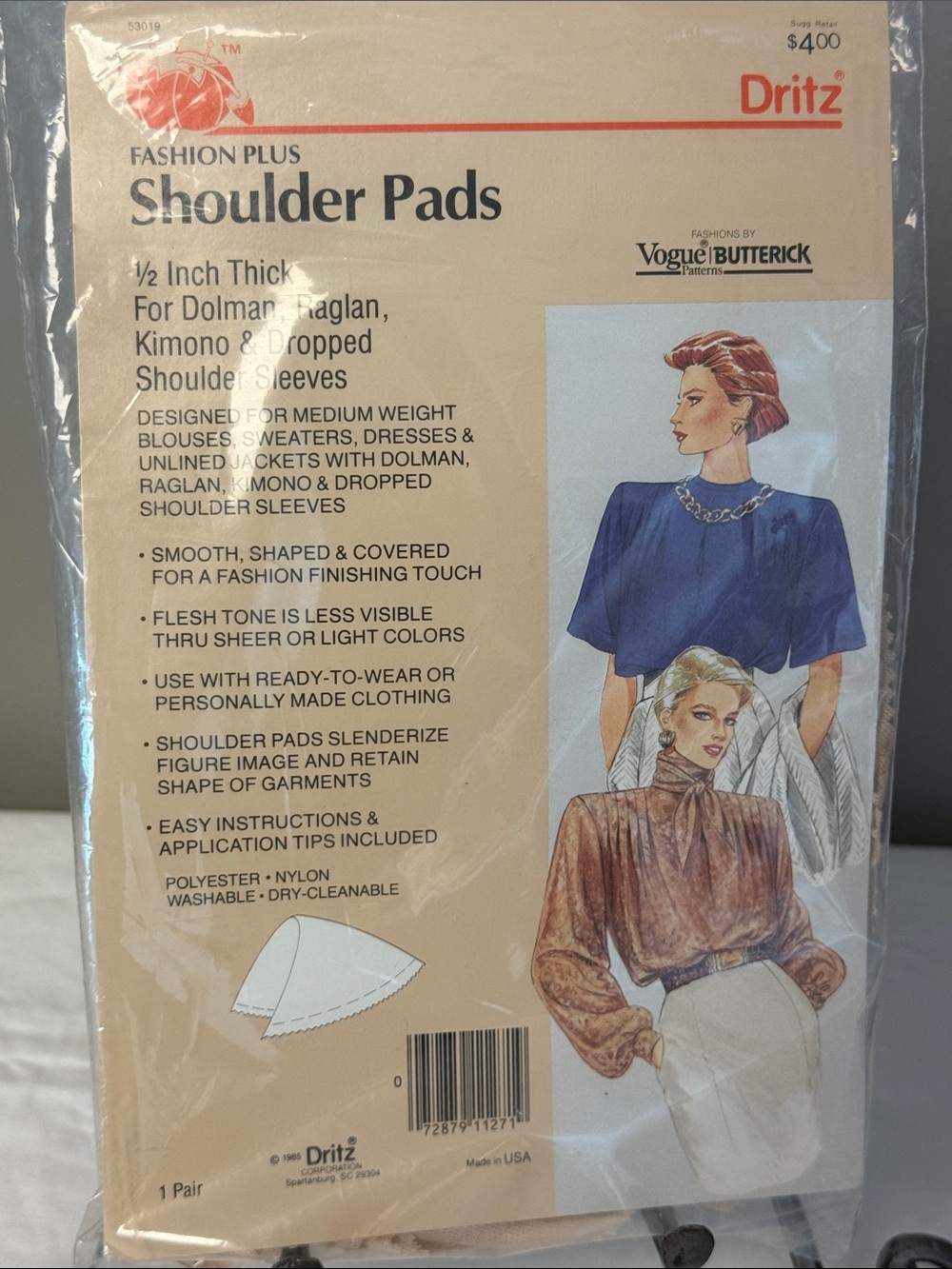 Vintage Dritz Fashion Plus Shoulder Pads 1/2" Flesh Tone Sewing Notions NOS